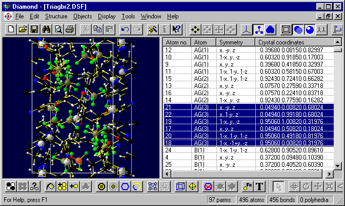 Selection of atoms in 
        the picture from the list of created atoms