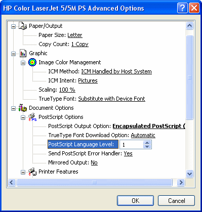 HP Advanced Options dialog