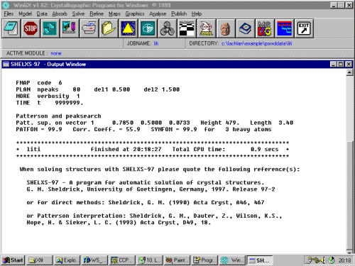 Shelx output window displayed on completion